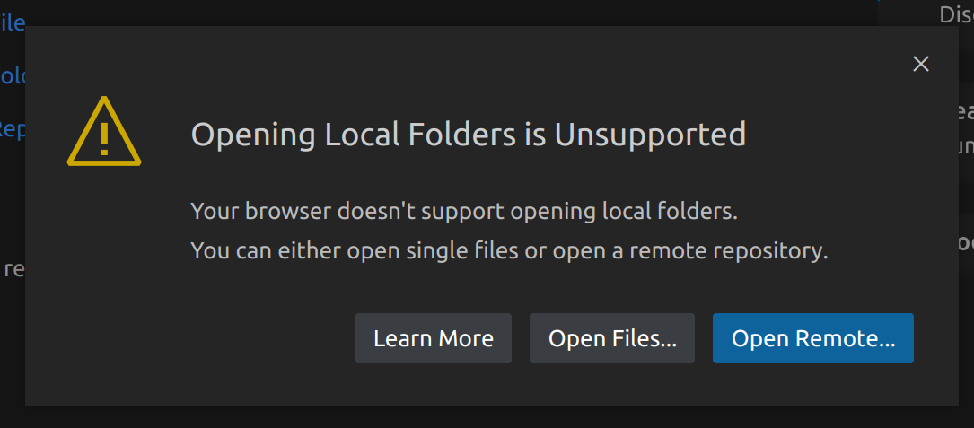 vscode.dev local folders error screenshot